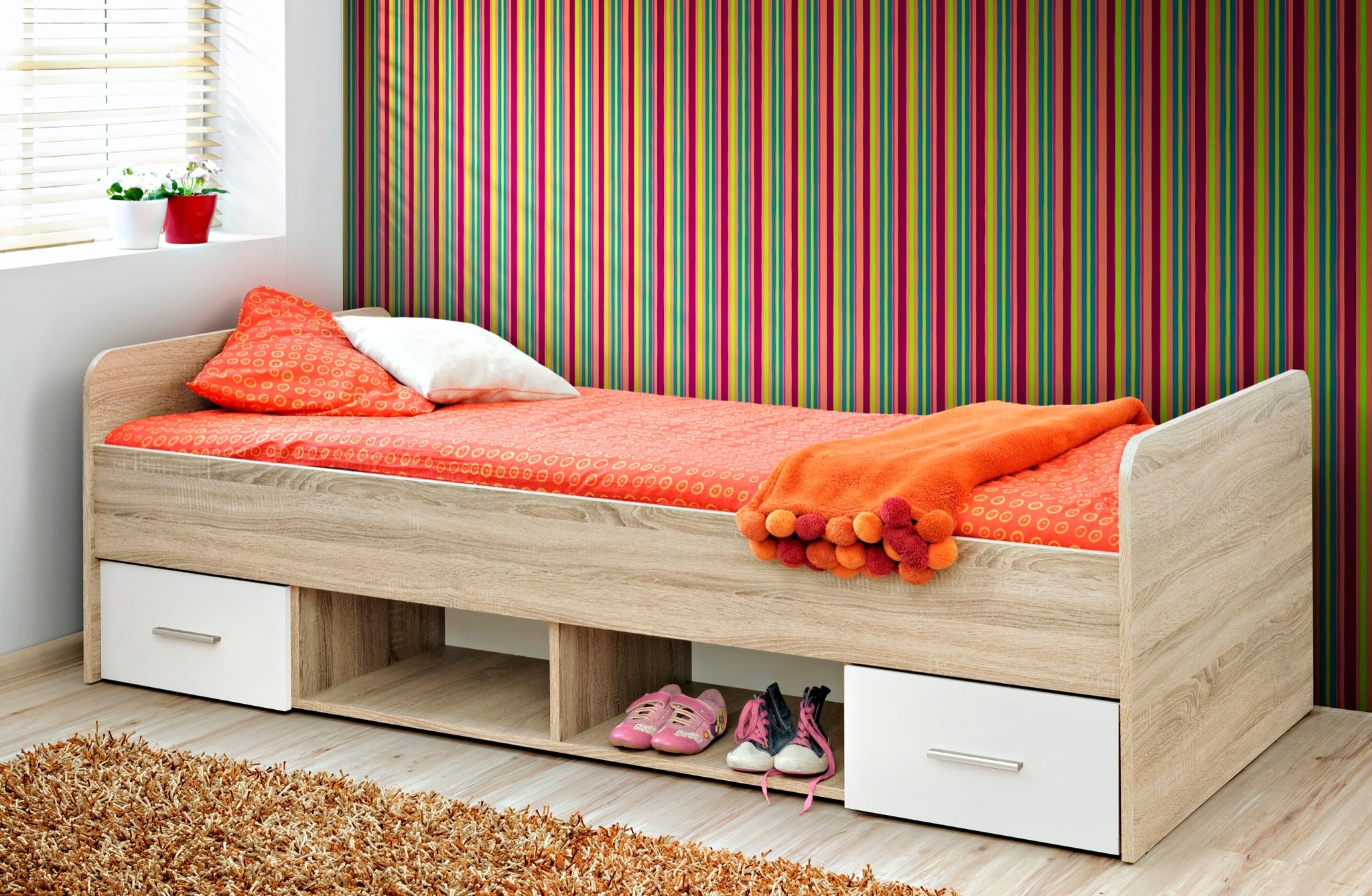 Verona Kids bed with storage drawers in Sonoma Oak and matt white