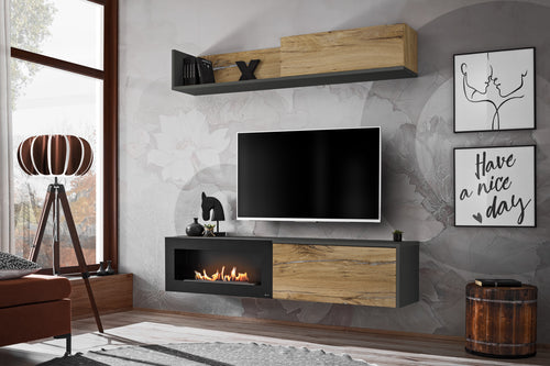 Amalfi Wall Unit with Bio Fireplace — Anthracite & Flagstaff Oak, 180cm