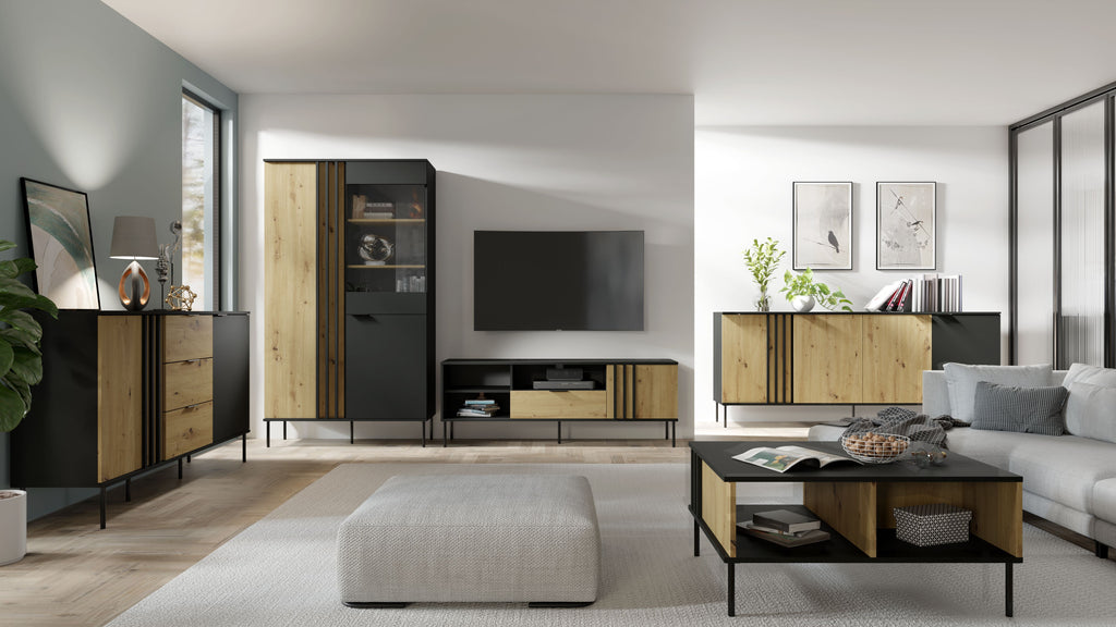 Lumio Living Room Set — Black & Artisan Oak, 5 Pieces TV Stand, Coffee Table, 2 Sideboards & LED Display Cabinet
