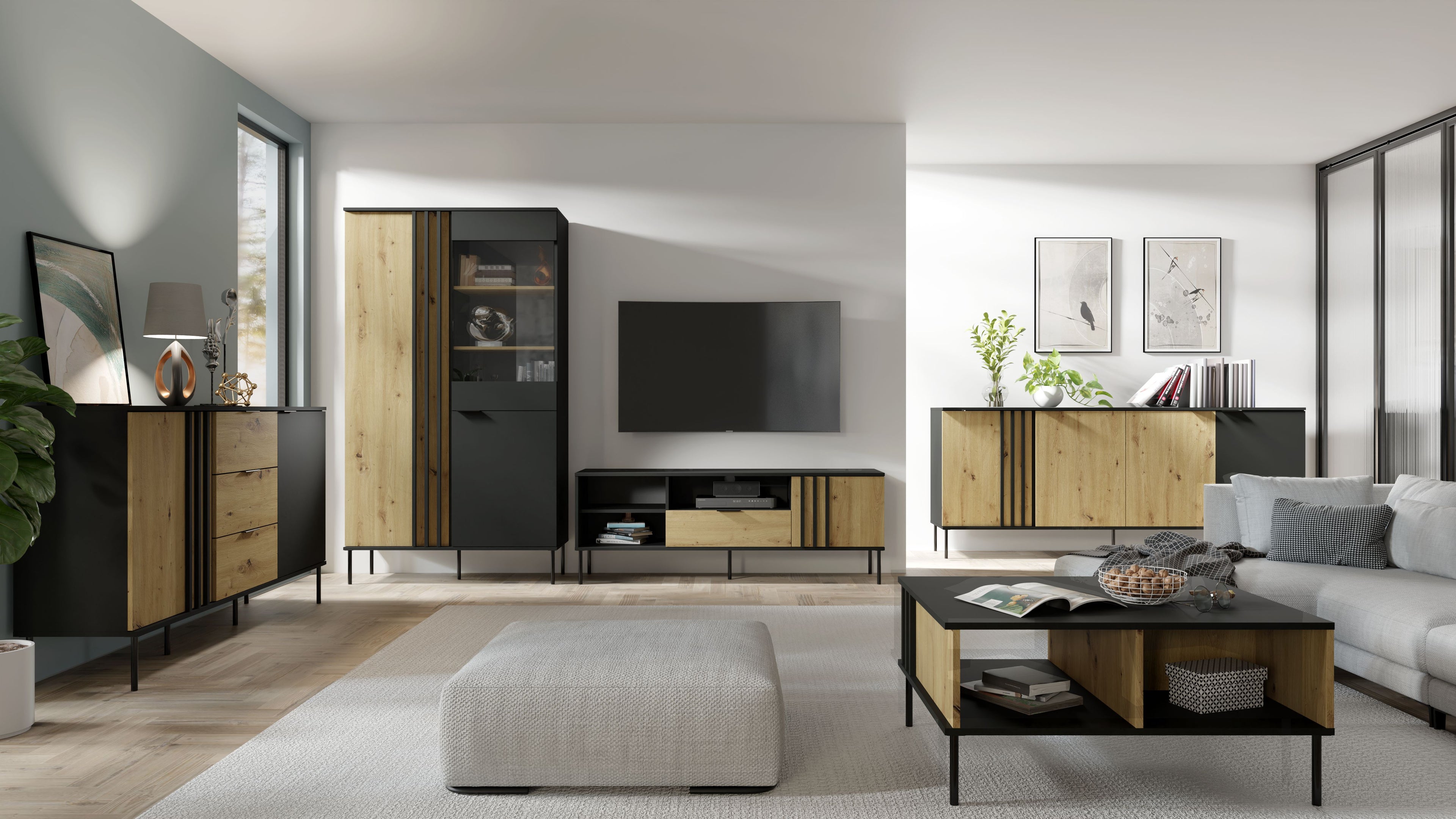 Lumio Living Room Set — Black & Artisan Oak, 5 Pieces TV Stand, Coffee Table, 2 Sideboards & LED Display Cabinet