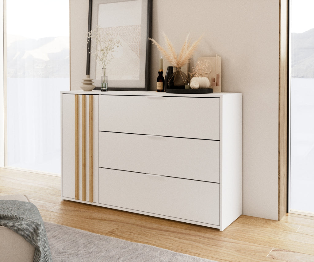 Sereno Bedroom Set — White & Artisan Oak, 3 Pieces — Bed, Mirrored Wardrobe & Chest