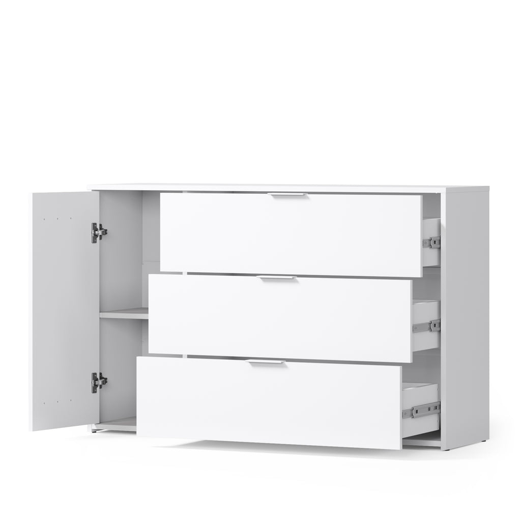 Sereno Bedroom Set — White & Artisan Oak, 3 Pieces — Bed, Mirrored Wardrobe & Chest