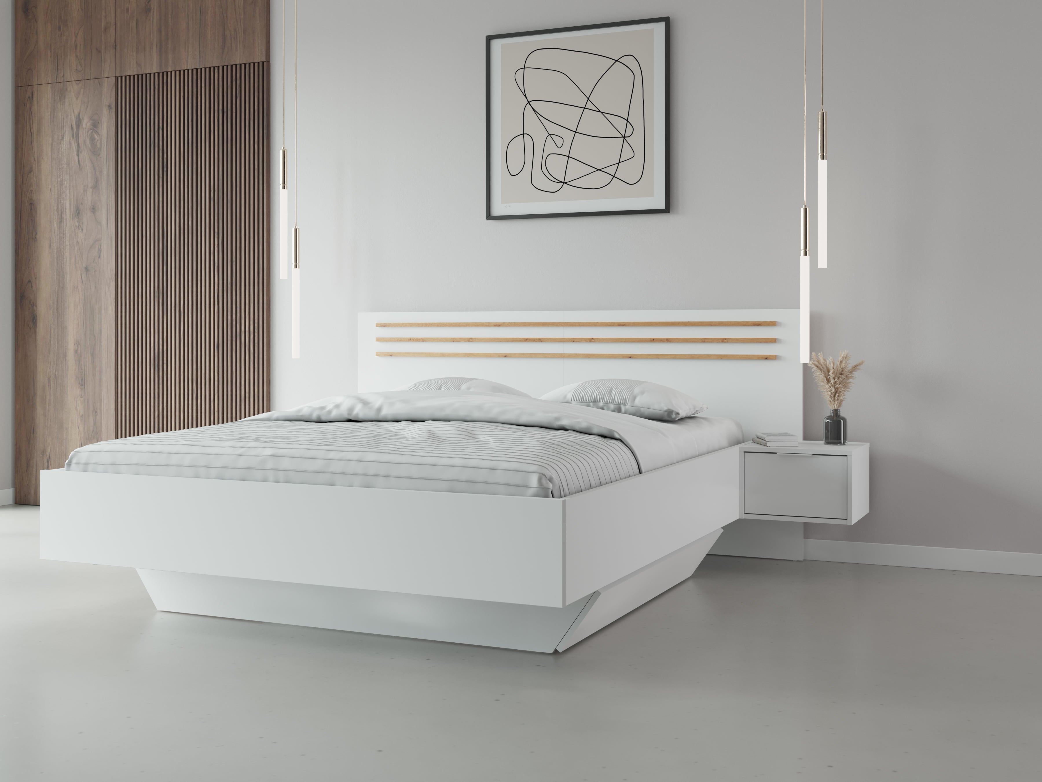 Sereno Bedroom Set — White & Artisan Oak, 3 Pieces — Bed, Mirrored Wardrobe & Chest