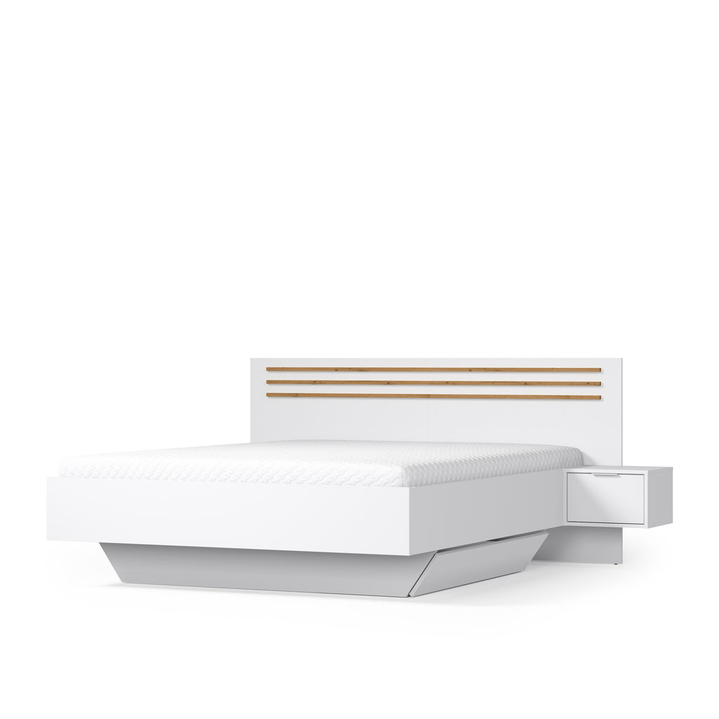 Sereno Bedroom Set — White & Artisan Oak, 3 Pieces — Bed, Mirrored Wardrobe & Chest