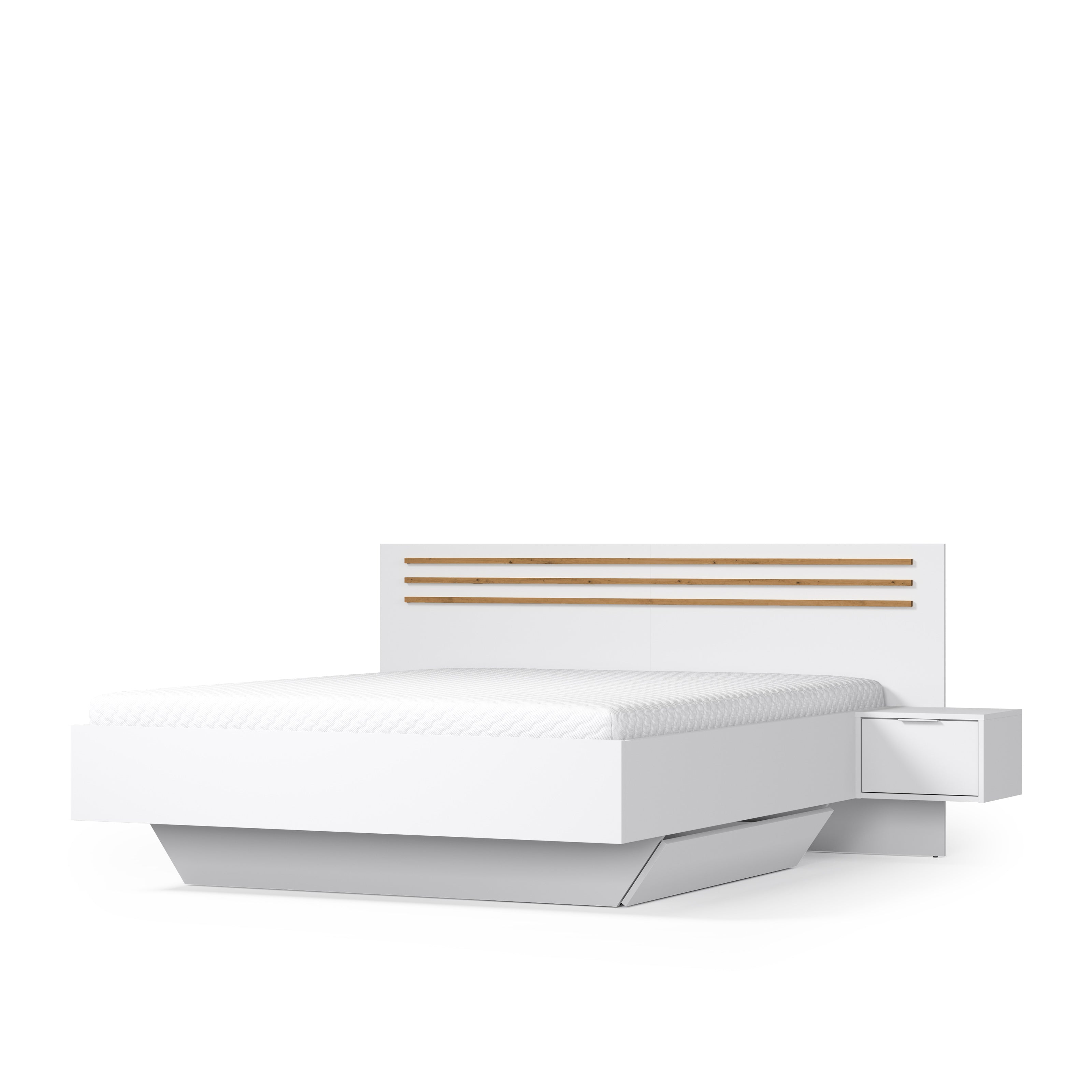 Sereno Bedroom Set — White & Artisan Oak, 3 Pieces — Bed, Mirrored Wardrobe & Chest