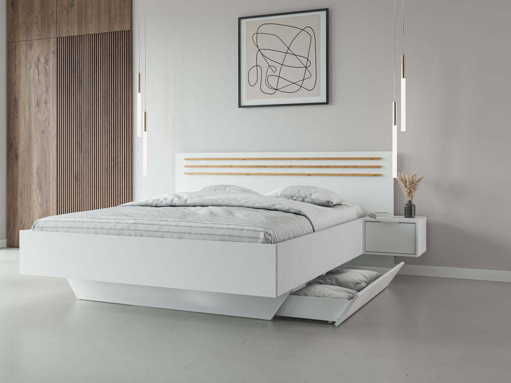 Sereno Bedroom Set — White & Artisan Oak, 3 Pieces — Bed, Mirrored Wardrobe & Chest