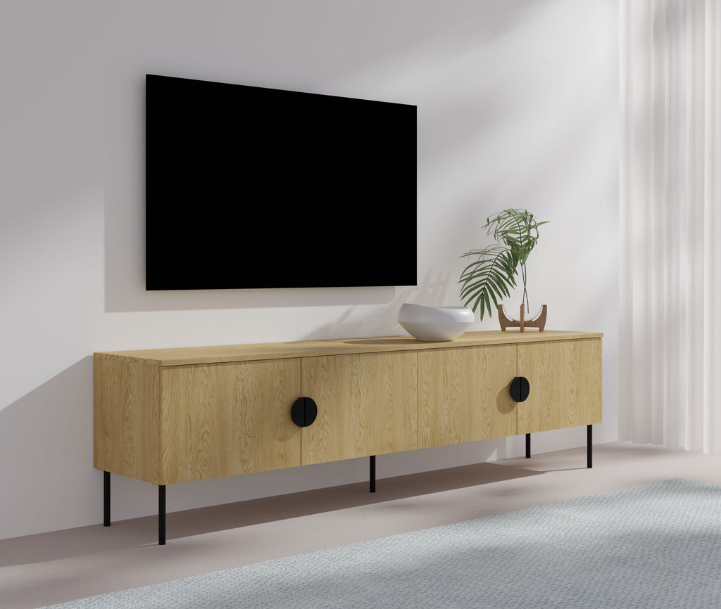 Nordo TV Stand — Baltic Oak, 4 Doors, Wide Modern Media Console