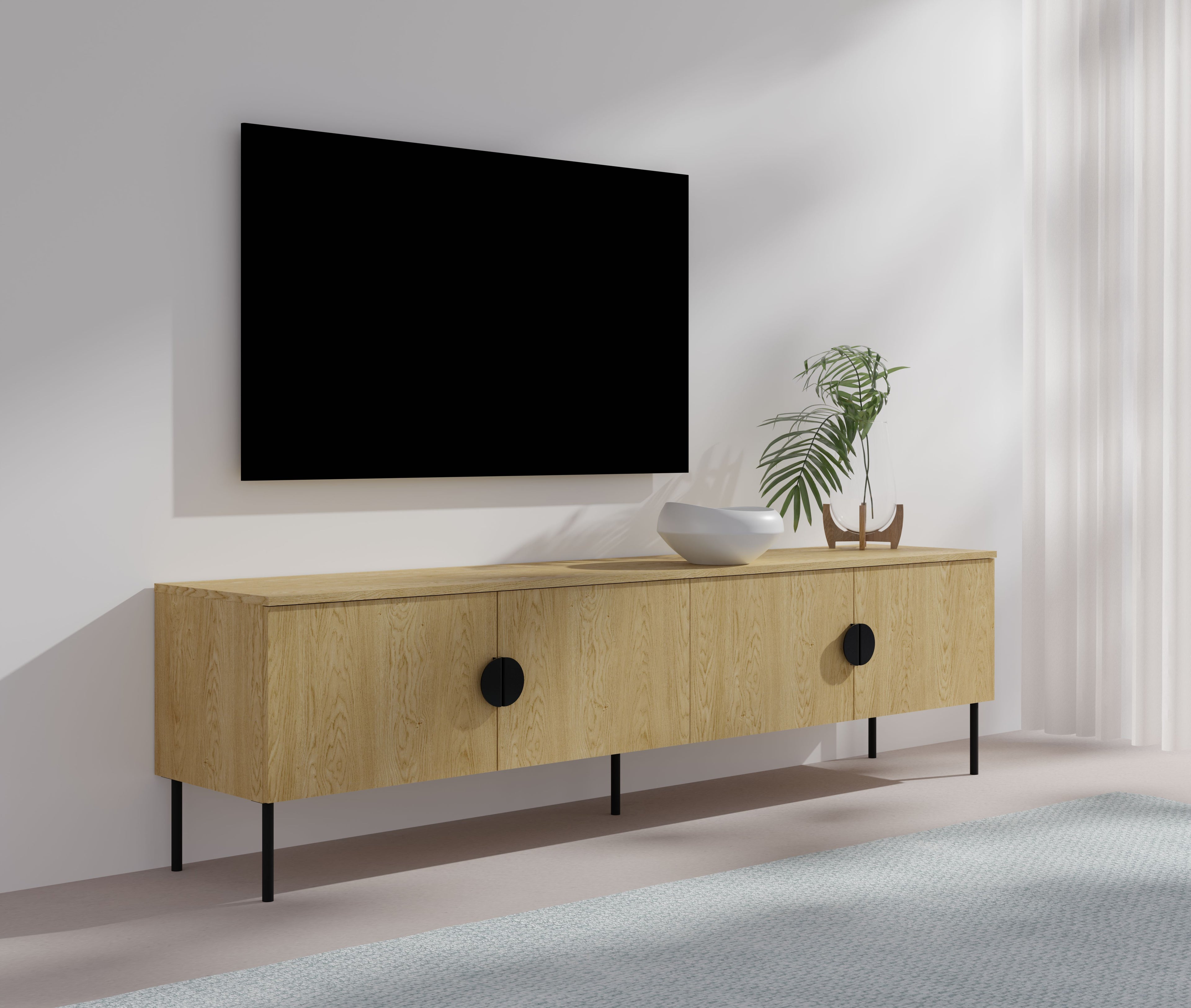 Nordo TV Stand — Baltic Oak, 4 Doors, Wide Modern Media Console