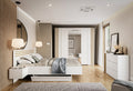 Sereno Bedroom Set — White & Artisan Oak, 3 Pieces — Bed, Mirrored Wardrobe & Chest