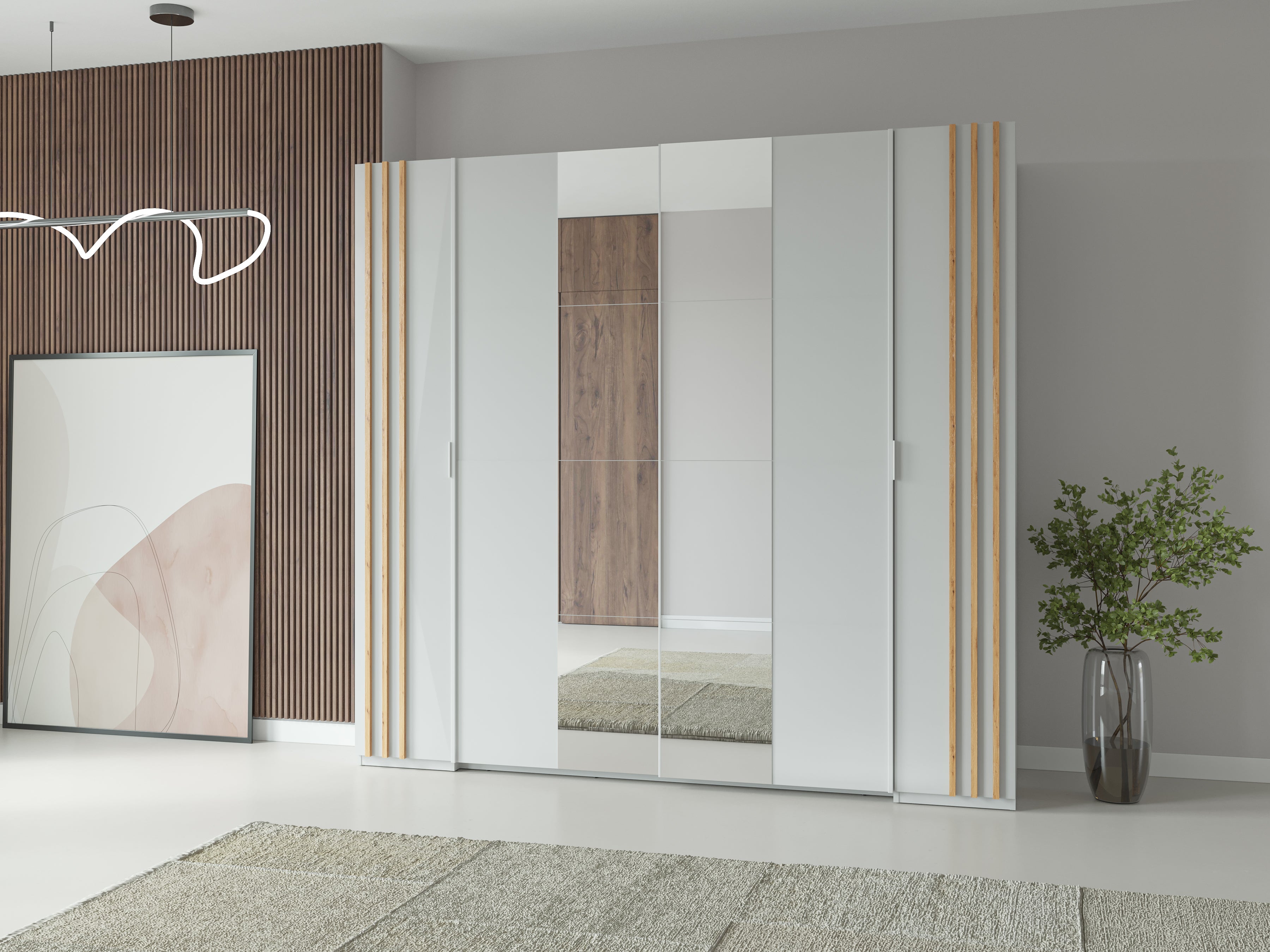 Sereno Bedroom Set — White & Artisan Oak, 3 Pieces — Bed, Mirrored Wardrobe & Chest