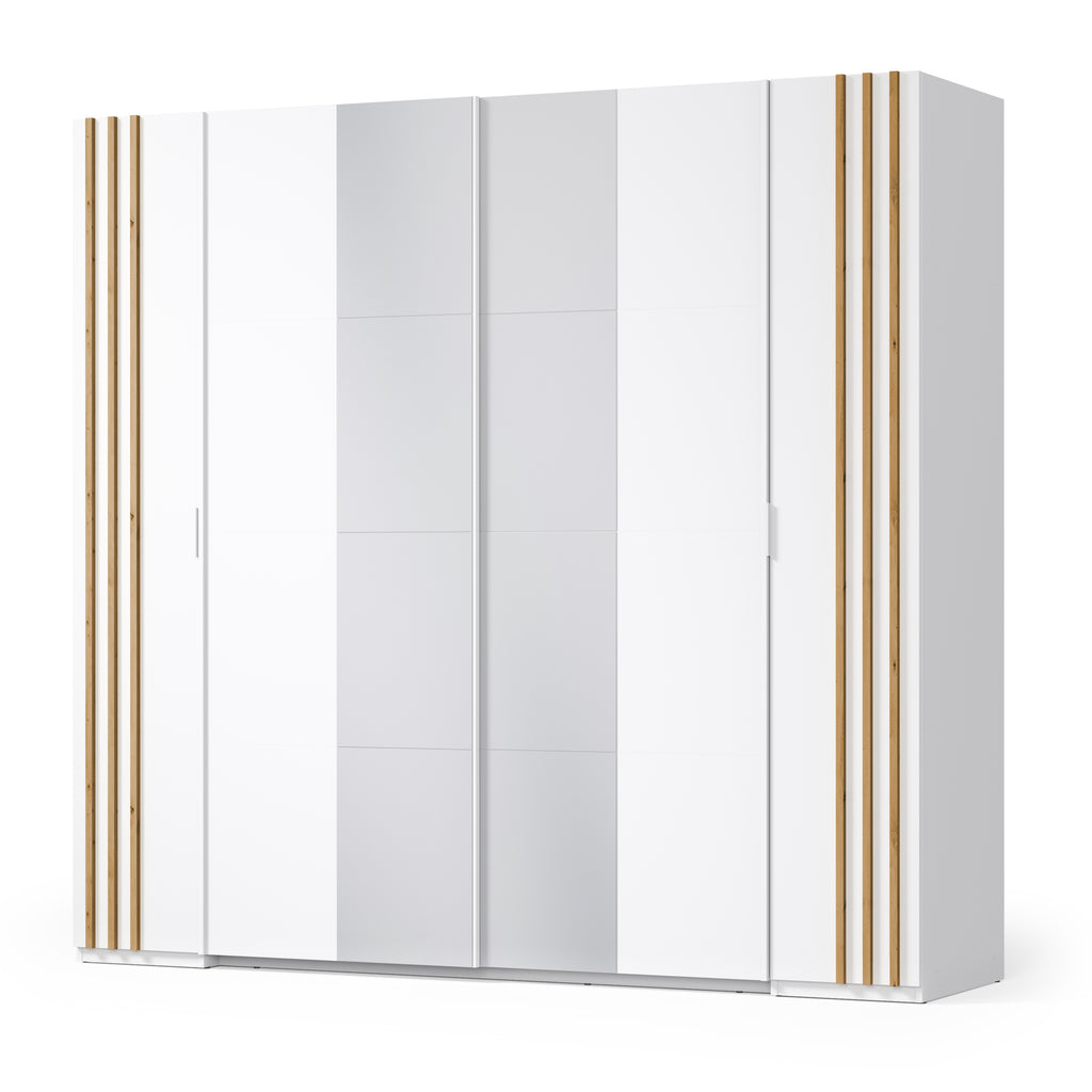 Sereno Bedroom Set — White & Artisan Oak, 3 Pieces — Bed, Mirrored Wardrobe & Chest