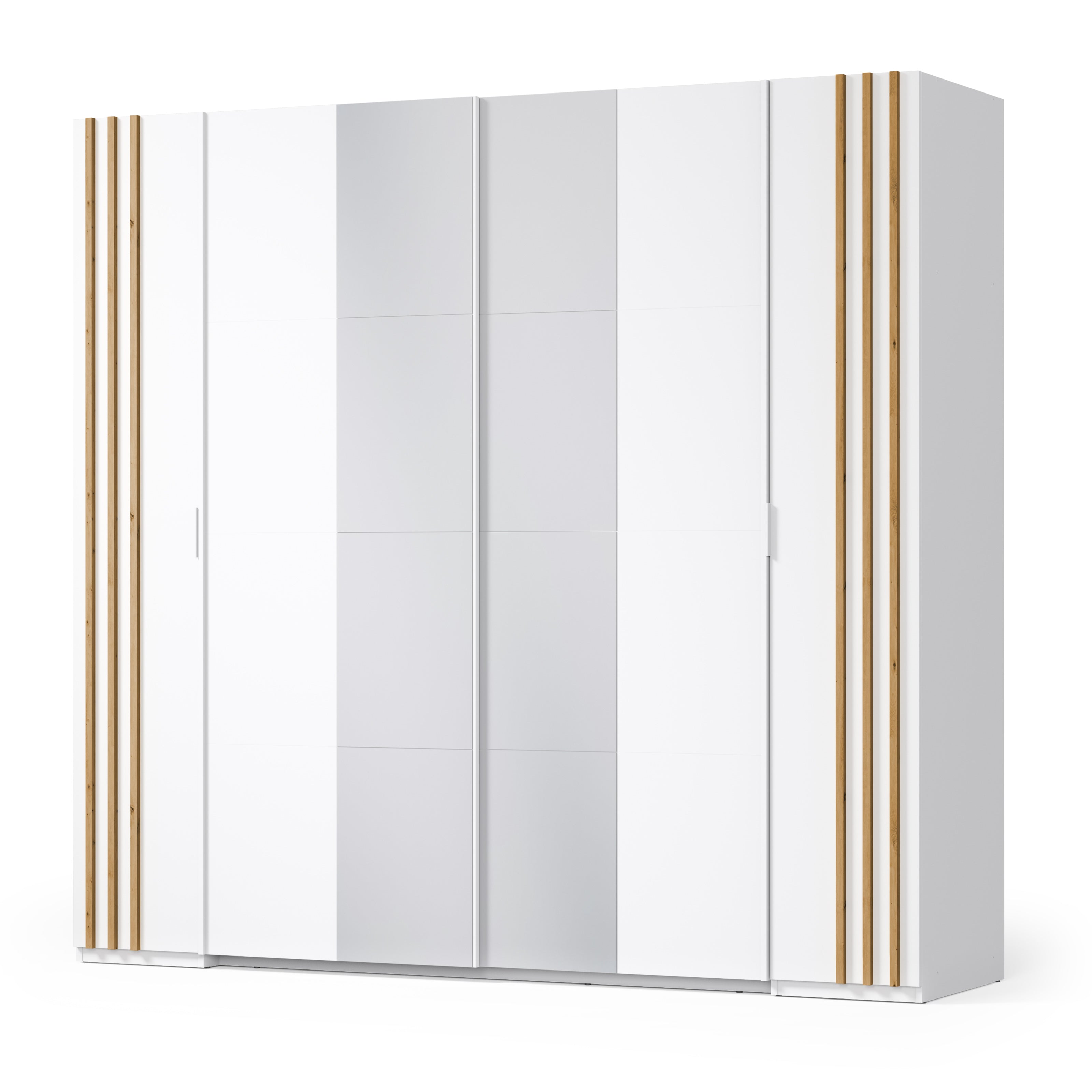 Sereno Bedroom Set — White & Artisan Oak, 3 Pieces — Bed, Mirrored Wardrobe & Chest