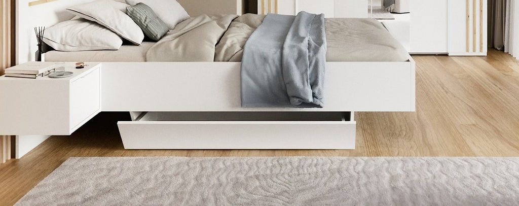 Sereno Bedroom Set — White & Artisan Oak, 3 Pieces — Bed, Mirrored Wardrobe & Chest