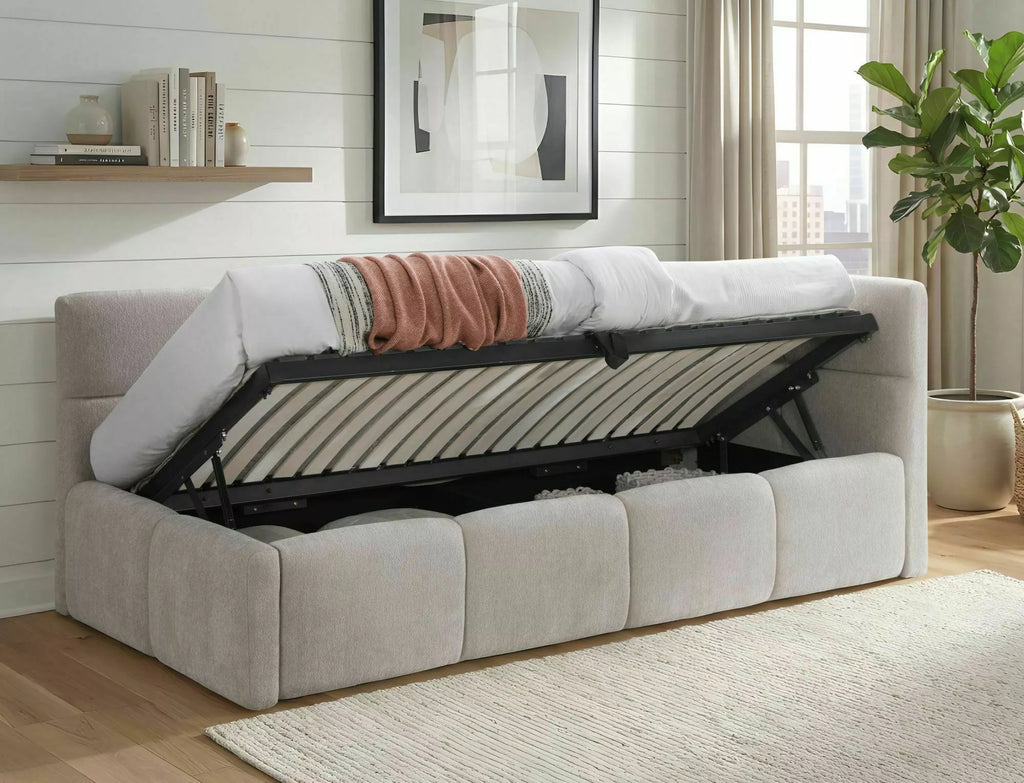 Cleo Single Storage Bed — Beige, 90×200, Gas-Lift Daybed