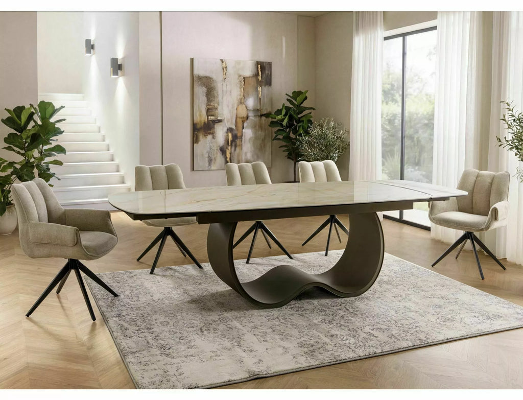 Esme Extending Dining Table — Beige Mont Blanc Ceramic, Seats 8–10