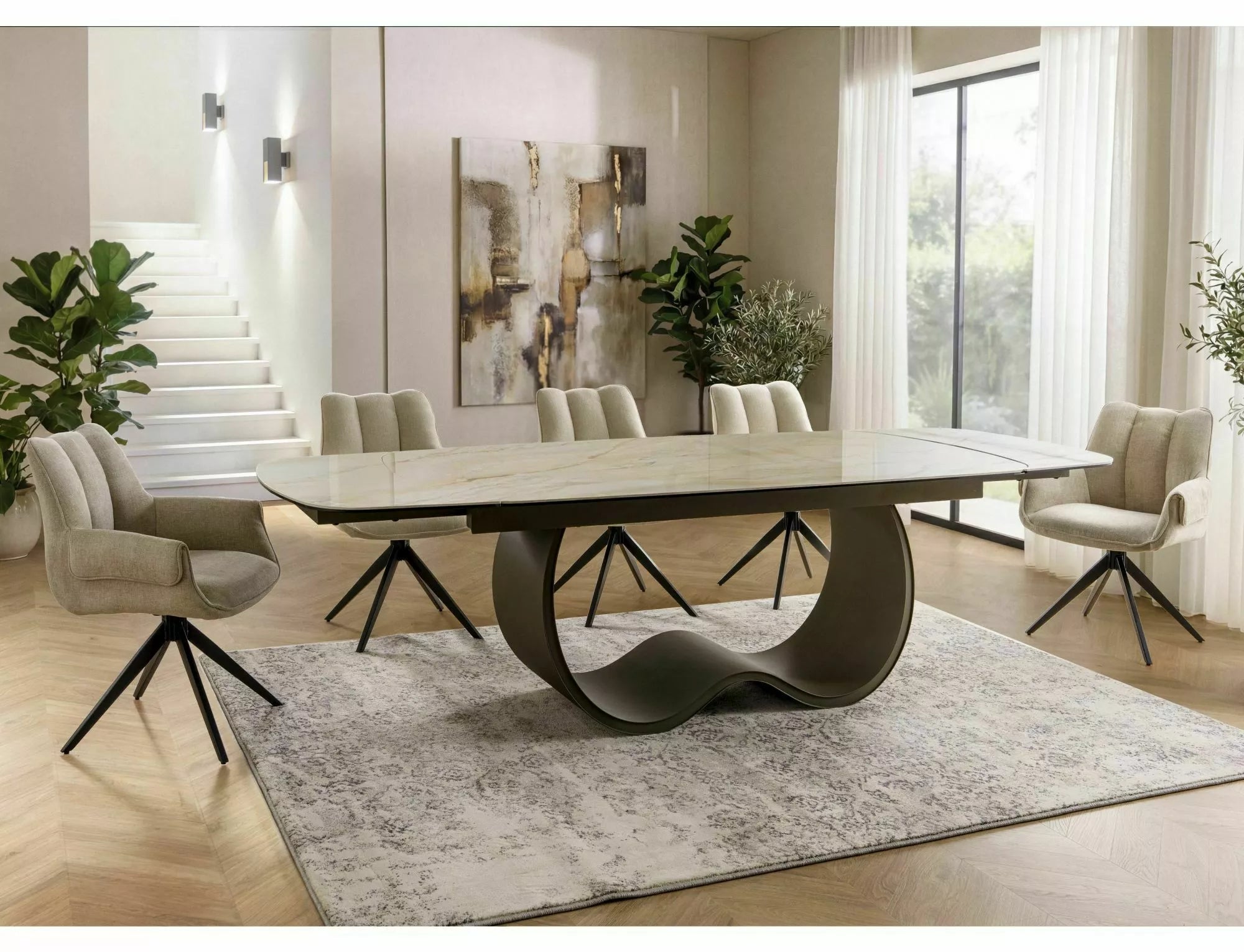 Esme Extending Dining Table — Beige Mont Blanc Ceramic, Seats 8–10