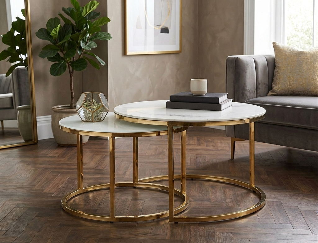 Indra Coffee Table — White Marble-Look, Gold Base