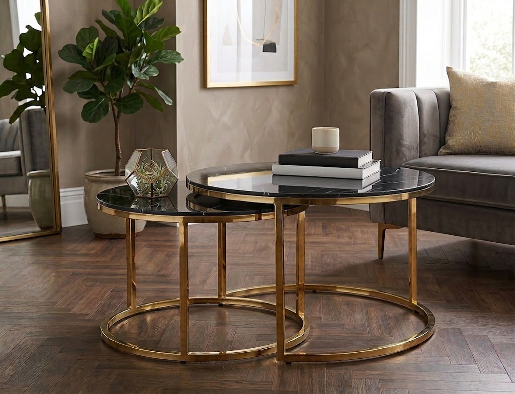 Kaia Coffee Table — Black Marble-Look, Gold Base