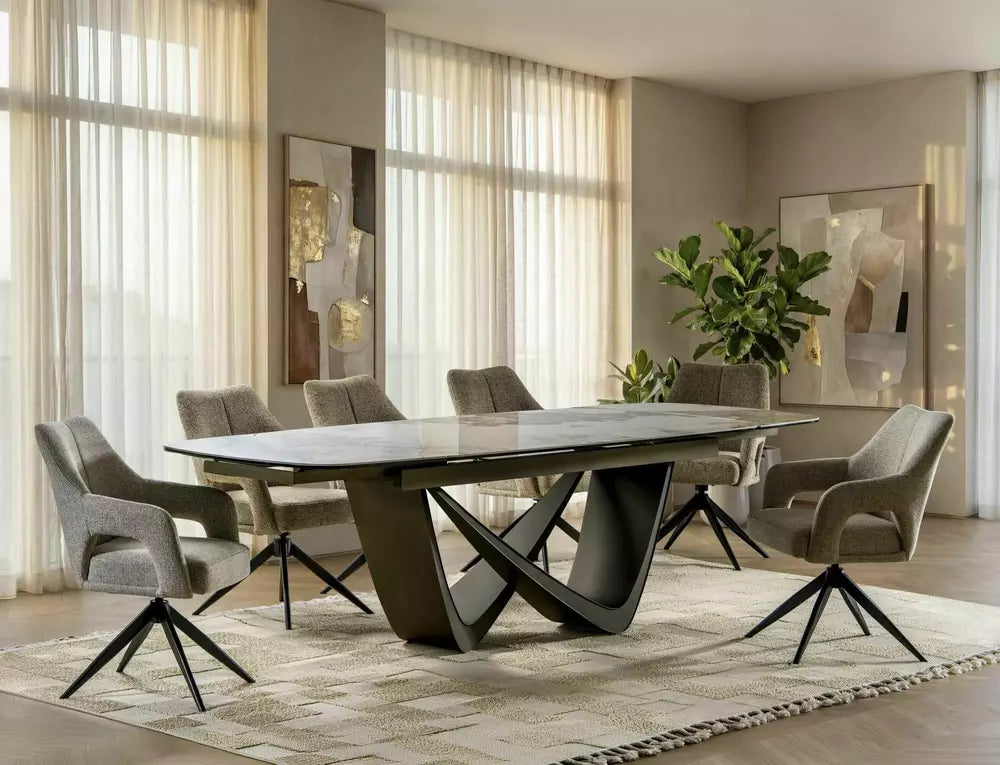 Linn Extending Dining Table — White Pandoro Ceramic, Copper Detail, Seats 8–10