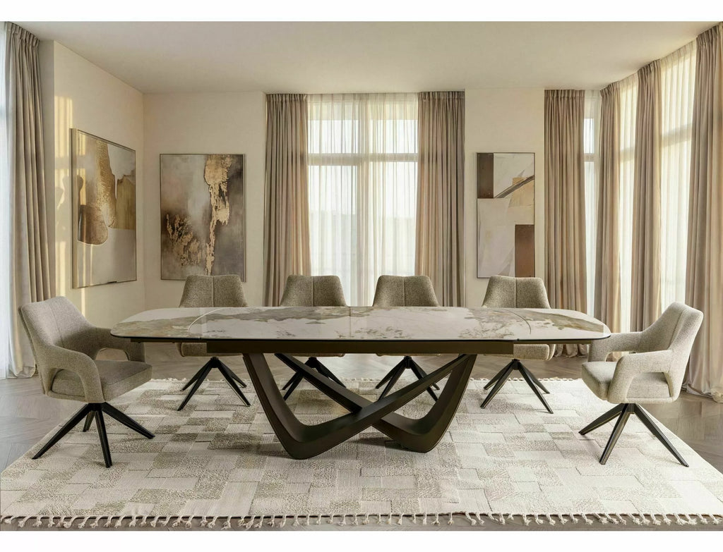 Linn Extending Dining Table — White Pandoro Ceramic, Copper Detail, Seats 8–10