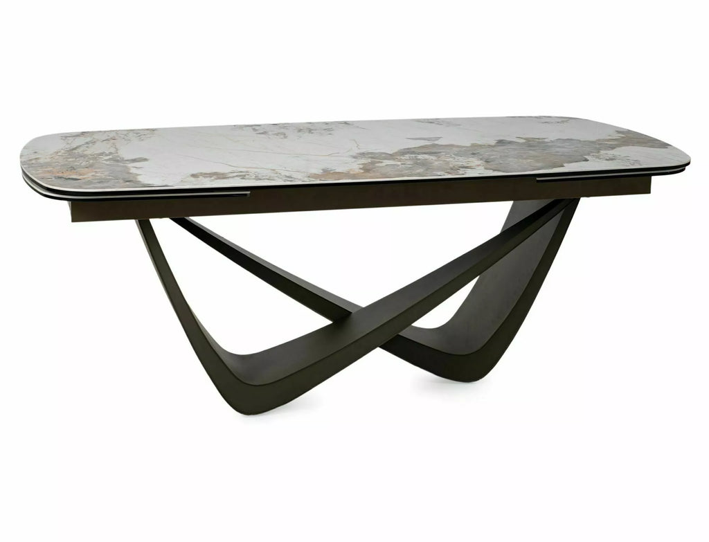 Linn Extending Dining Table — White Pandoro Ceramic, Copper Detail, Seats 8–10
