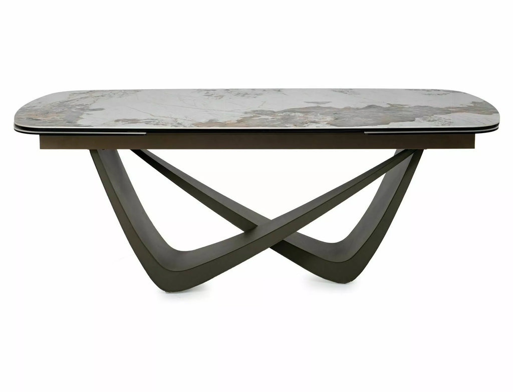 Linn Extending Dining Table — White Pandoro Ceramic, Copper Detail, Seats 8–10
