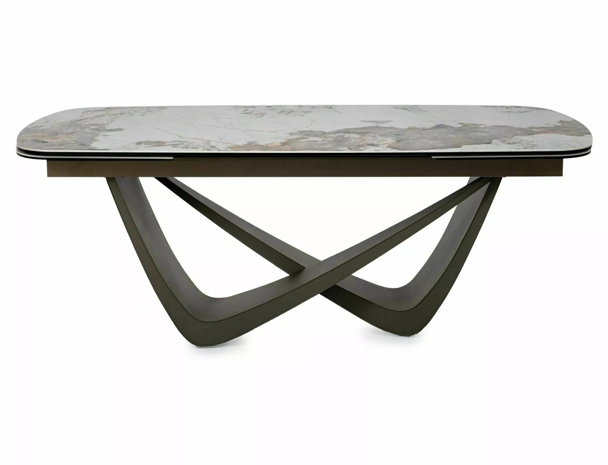 Linn Extending Dining Table — White Pandoro Ceramic, Copper Detail, Seats 8–10