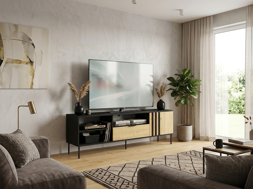 Lumio TV Stand — Black & Artisan Oak, Pull-Out Drawer & Cabinet, 160cm