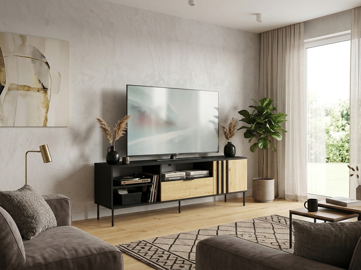 Lumio TV Stand — Black & Artisan Oak, Pull-Out Drawer & Cabinet, 160cm
