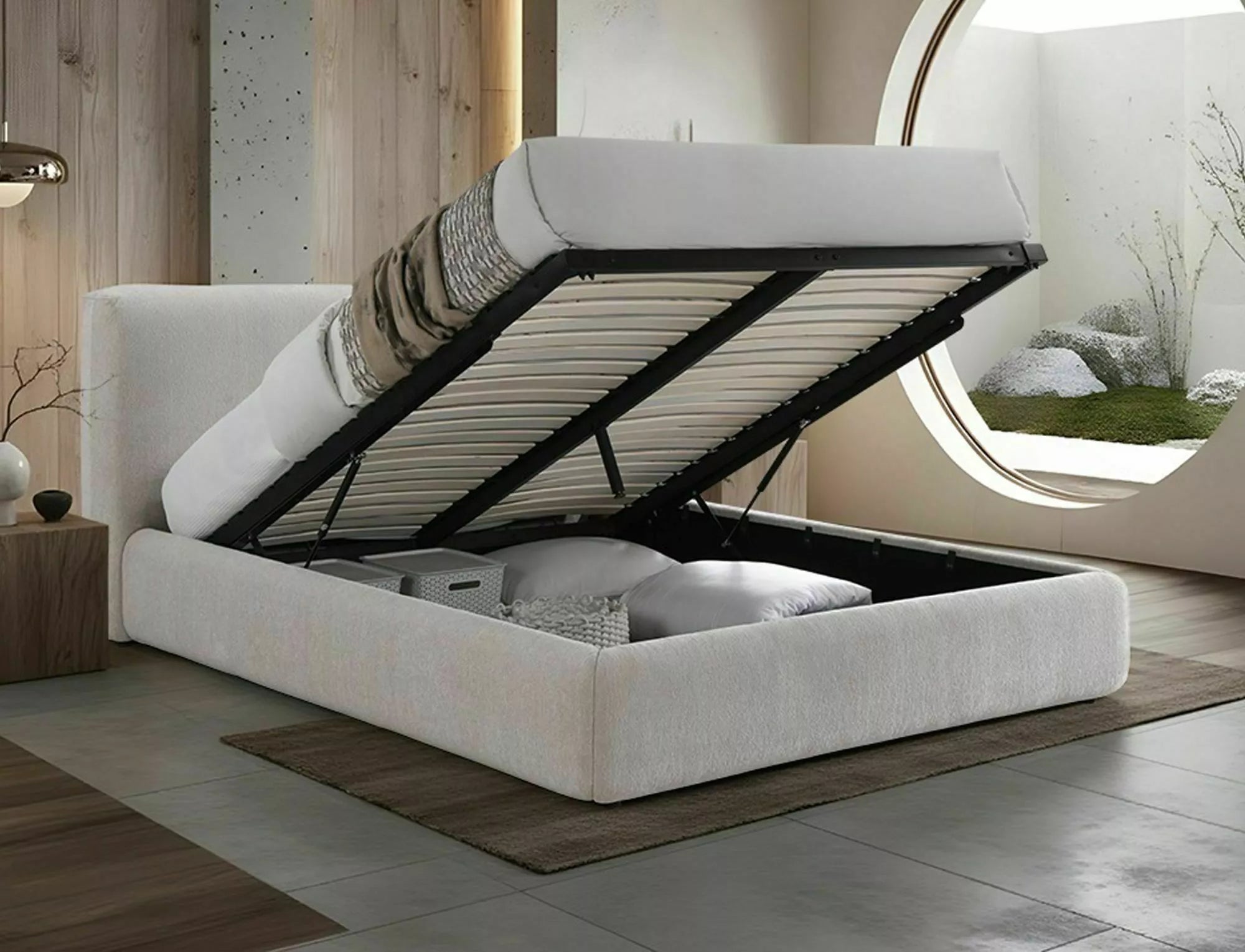 Lyra Upholstered Storage Bed — Beige, 160×200, Gas-Lift Base