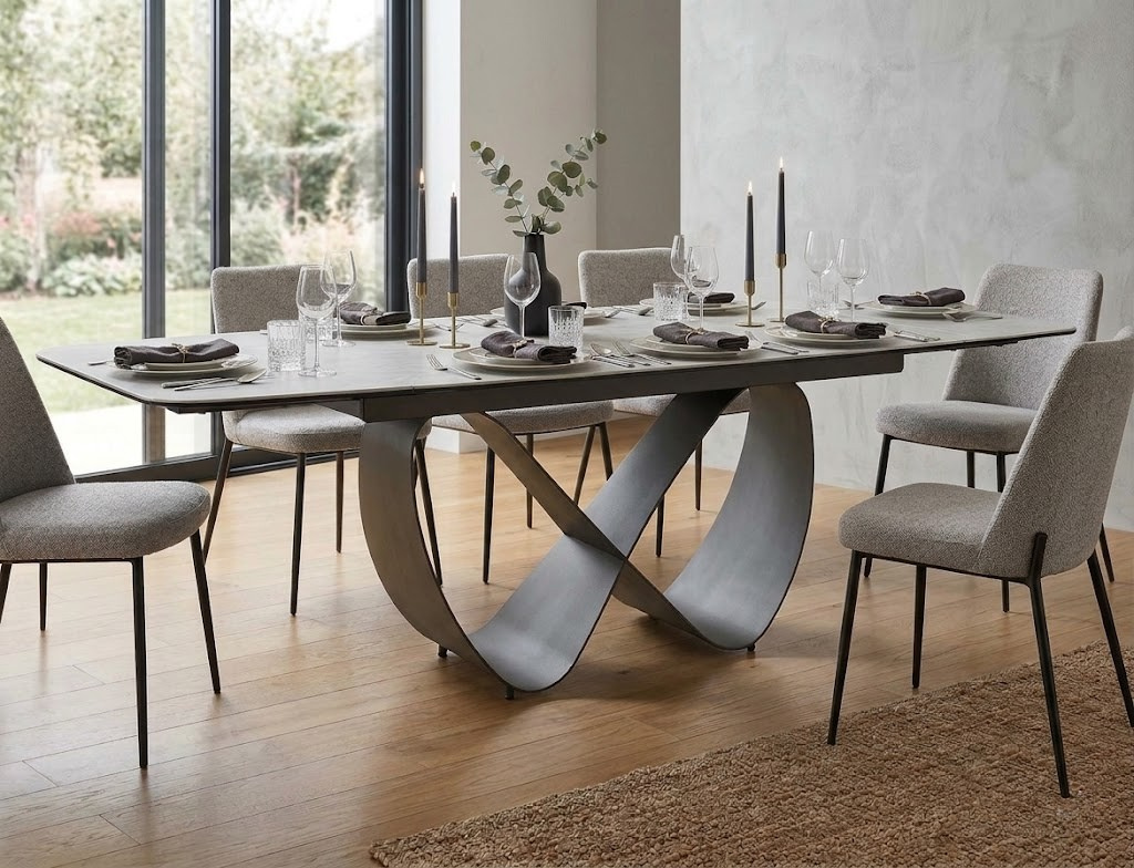 Orla Extending Dining Table — Beige Taj Mahal Ceramic, Copper Base, Seats 6–10