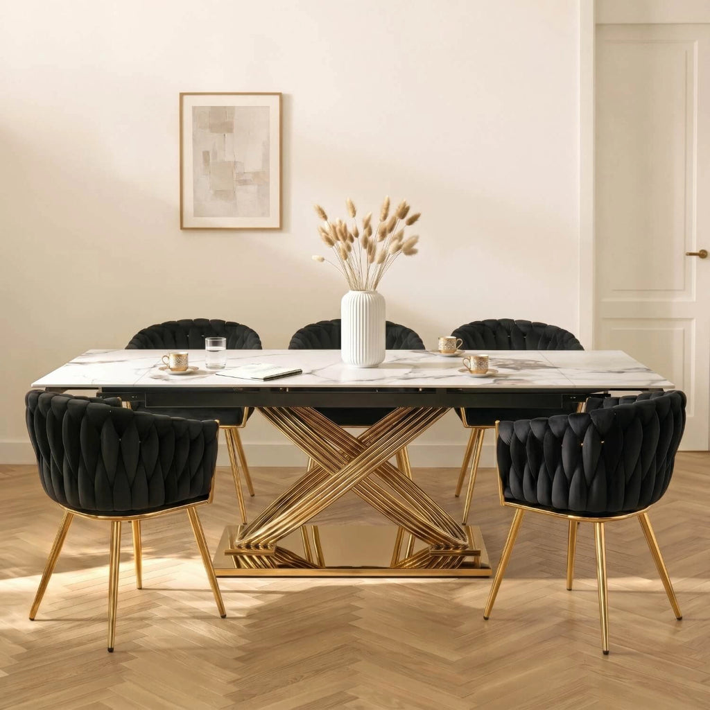 Milano Extending Dining Table — White Marble Ceramic, Gold Base, Seats 6–8