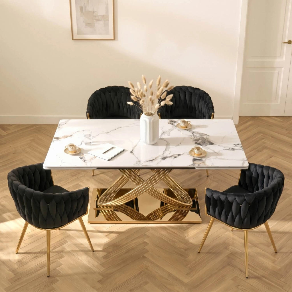 Milano Extending Dining Table — White Marble Ceramic, Gold Base, Seats 6–8