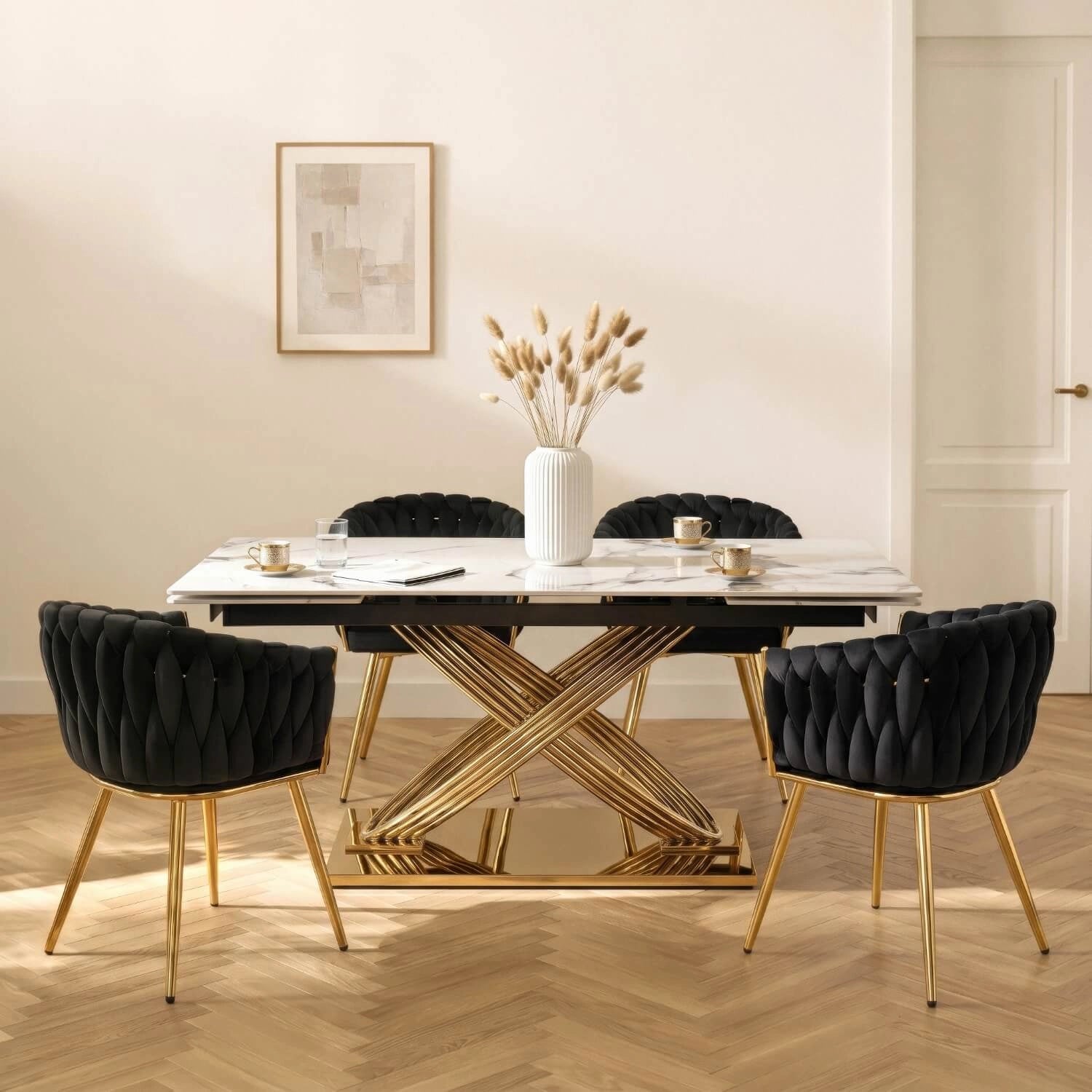 Milano Extending Dining Table — White Marble Ceramic, Gold Base, Seats 6–8