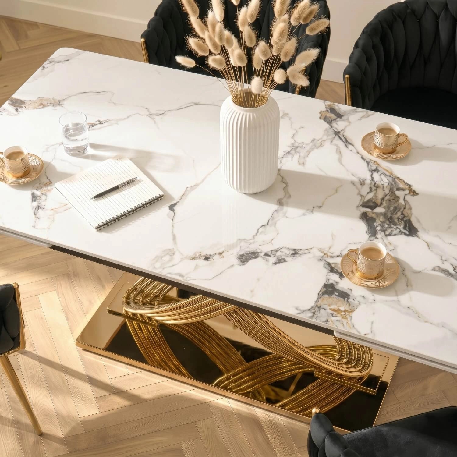 Milano Extending Dining Table — White Marble Ceramic, Gold Base, Seats 6–8