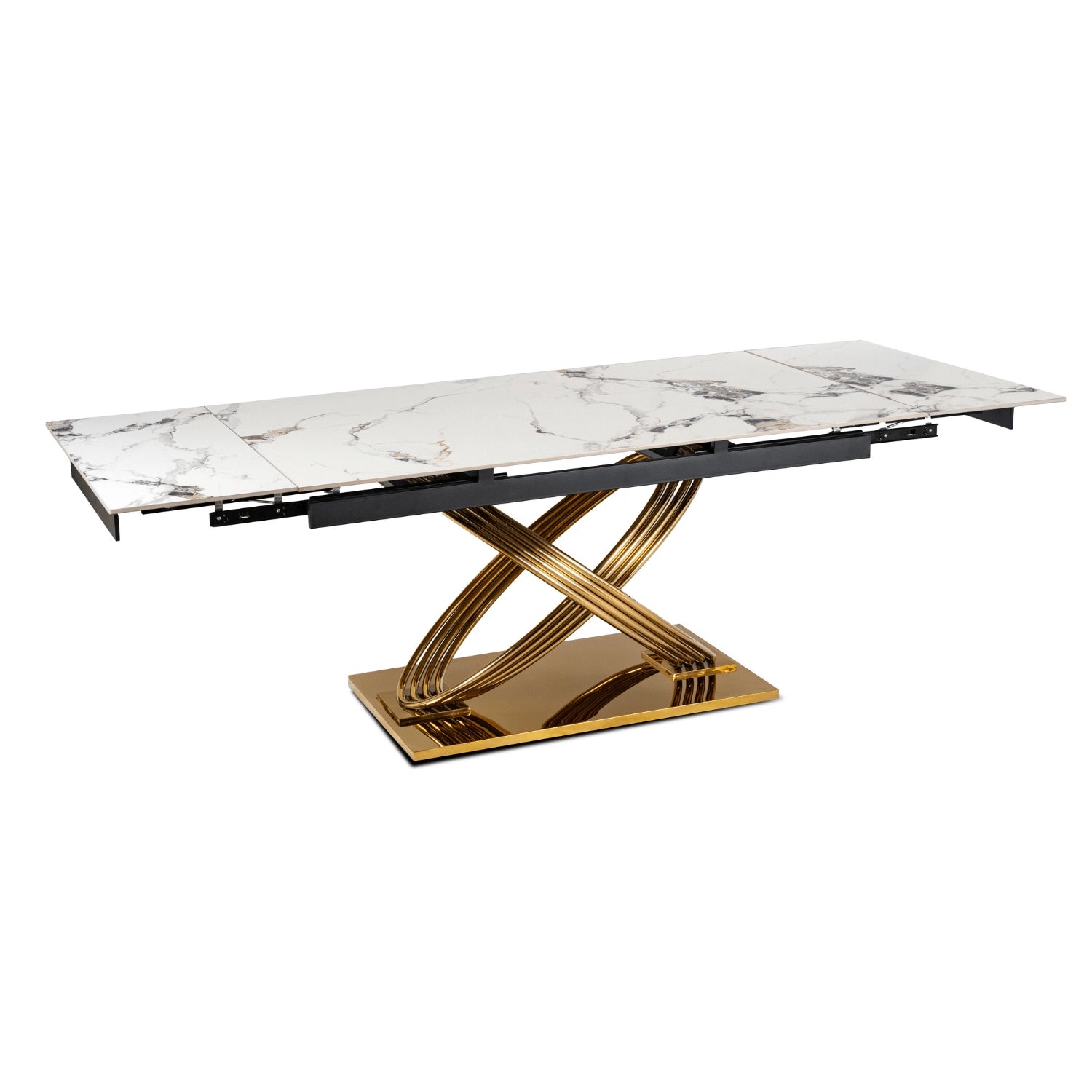 Milano Extending Dining Table — White Marble Ceramic, Gold Base, Seats 6–8