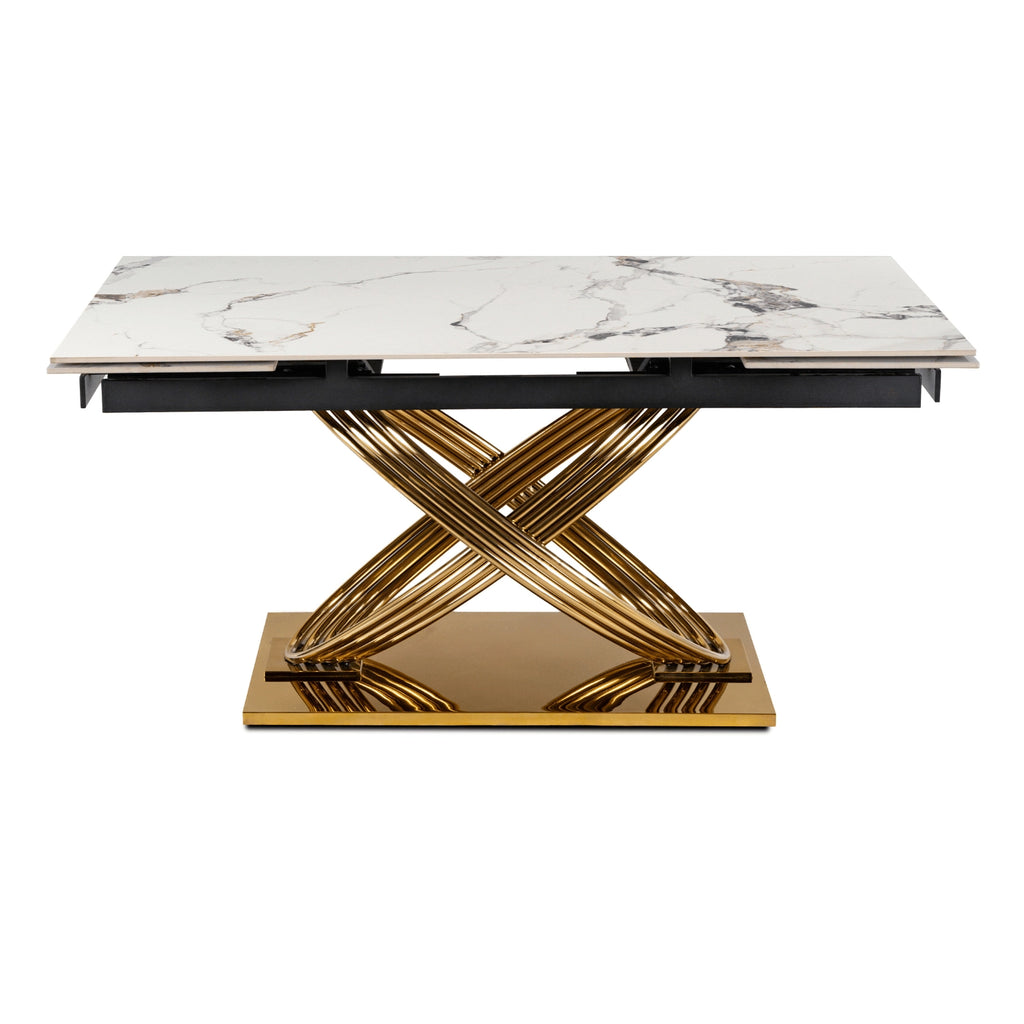 Milano Extending Dining Table — White Marble Ceramic, Gold Base, Seats 6–8