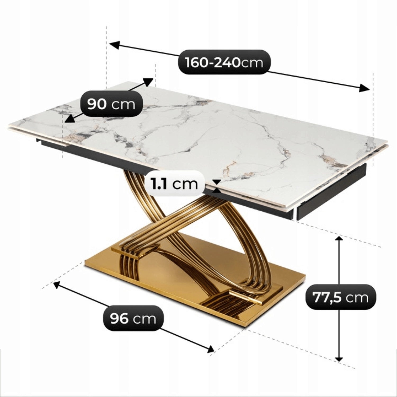 Milano Extending Dining Table — White Marble Ceramic, Gold Base, Seats 6–8