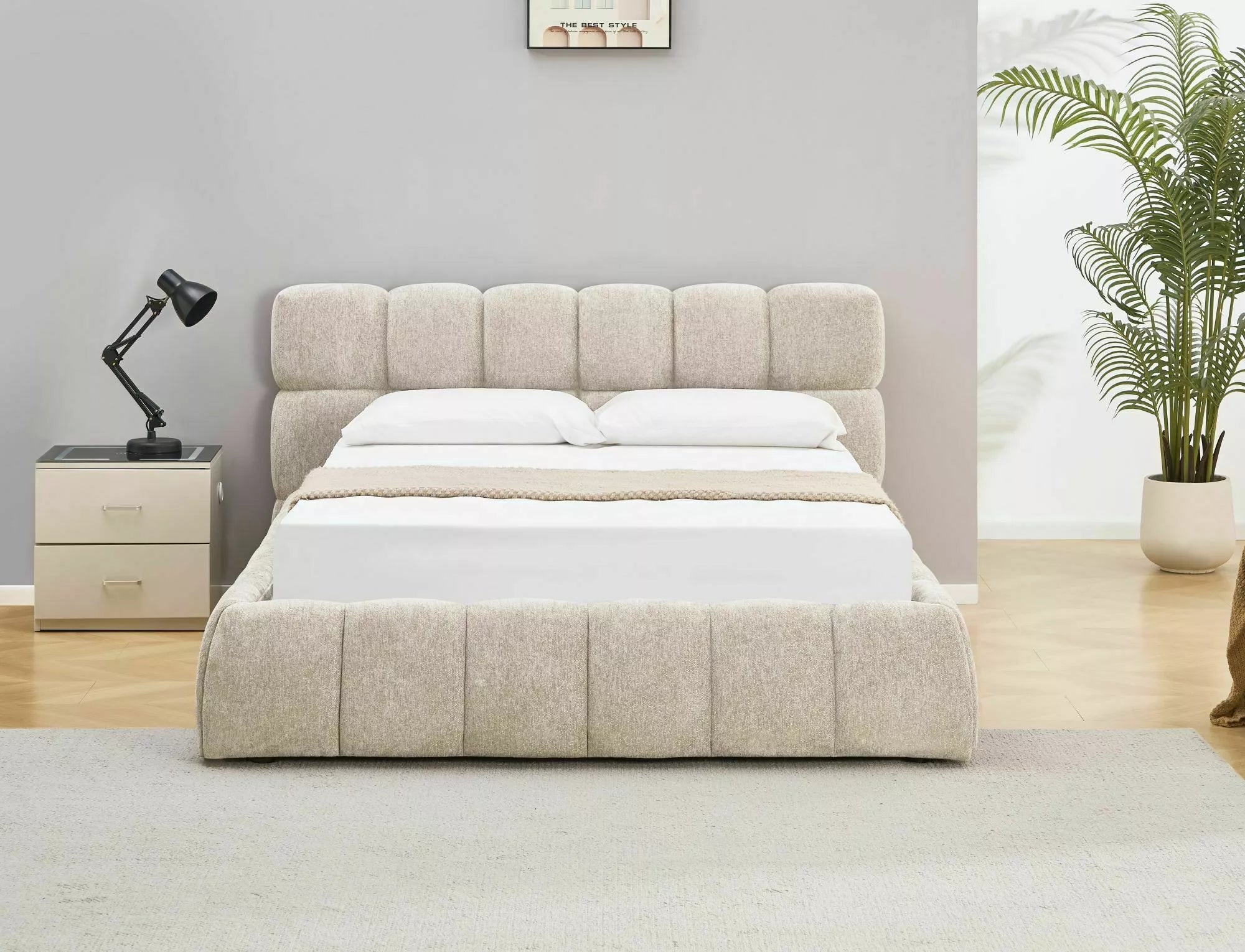 Tara Upholstered Storage Bed — Beige, 160×200, Gas-Lift